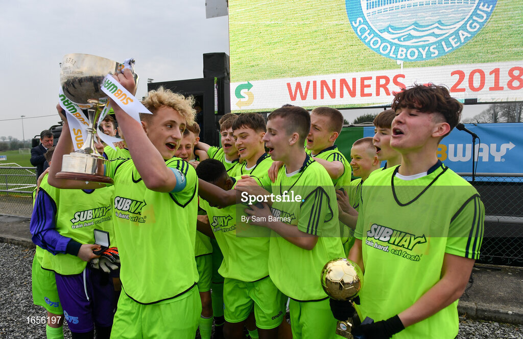 24 February 2019; The DDSL team celebrate with the cup following the U15 SFAI SUBWAY Championship Final match between DDSL and Waterford SL at Mullingar Athletic FC in Gainestown, Mullingar, Co. Westmeath. Photo by Sam Barnes/Sportsfile