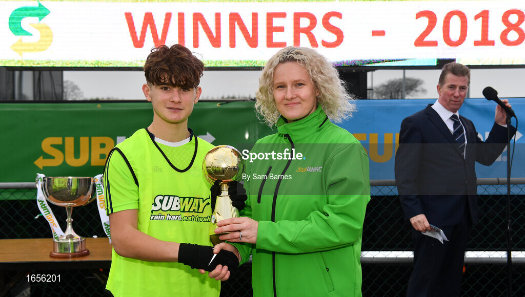 24 February 2019; Kevin Zefi of DDSL is presented with the player of the Match trophy by Francis Adgey, Marketing Manager, Subway, during the U15 SFAI SUBWAY Championship Final match between DDSL and Waterford SL at Mullingar Athletic FC in Gainestown, Mullingar, Co. Westmeath. Photo by Sam Barnes/Sportsfile