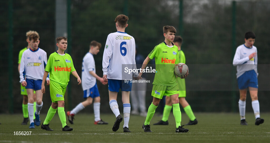 24 February 2019; Players from both sides shake hands following the U15 SFAI SUBWAY Championship Final match between DDSL and Waterford SL at Mullingar Athletic FC in Gainestown, Mullingar, Co. Westmeath. Photo by Sam Barnes/Sportsfile