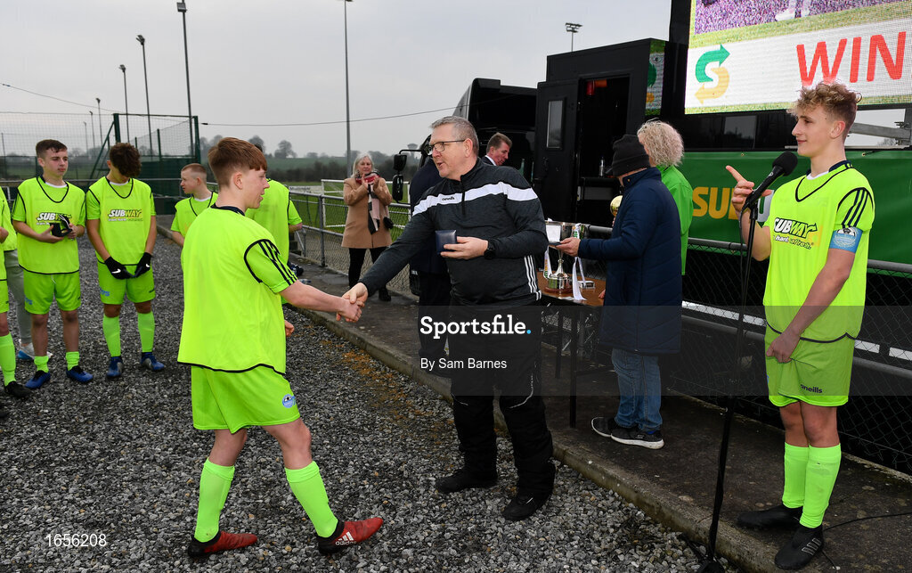 24 February 2019; Paddy Dempsey, DDSL Chairman, presents the winners medals to the DDSL players following the U15 SFAI SUBWAY Championship Final match between DDSL and Waterford SL at Mullingar Athletic FC in Gainestown, Mullingar, Co. Westmeath. Photo by Sam Barnes/Sportsfile