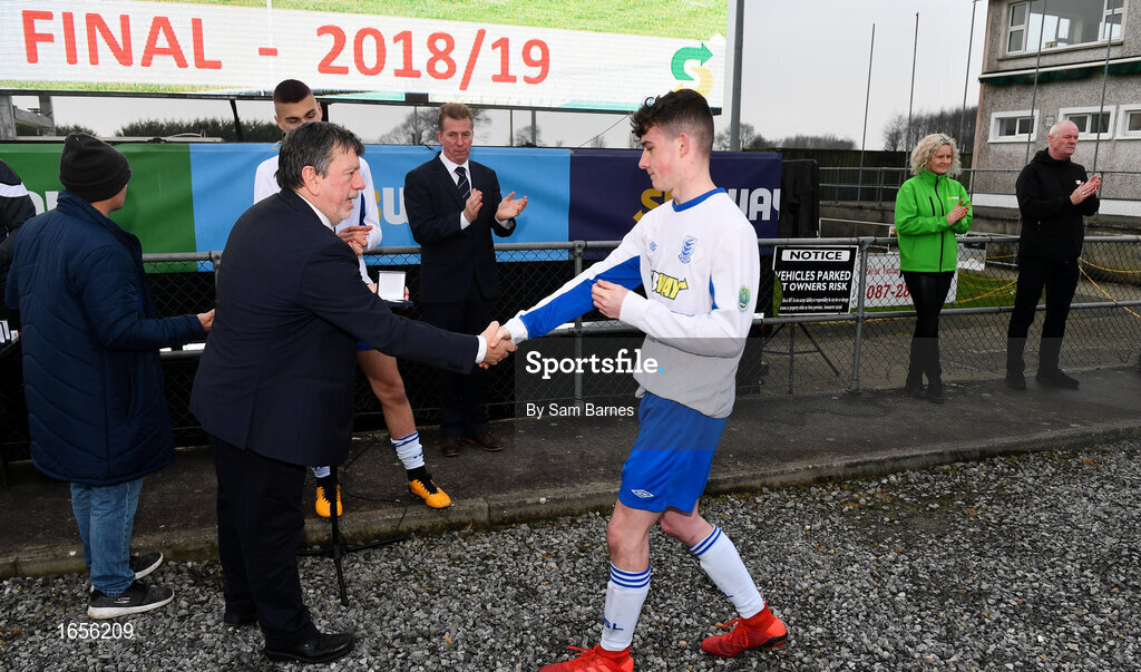 24 February 2019; FAI President Donal Conway presented the runners up medals to Waterford SL players following the U15 SFAI SUBWAY Championship Final match between DDSL and Waterford SL at Mullingar Athletic FC in Gainestown, Mullingar, Co. Westmeath. Photo by Sam Barnes/Sportsfile