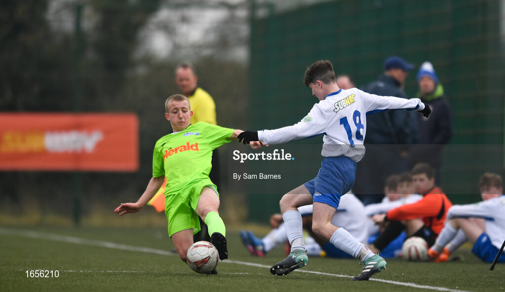 24 February 2019; Ziggy Galvin of Waterford SL in action against Cain Dunne of DDSL during the U15 SFAI SUBWAY Championship Final match between DDSL and Waterford SL at Mullingar Athletic FC in Gainestown, Mullingar, Co. Westmeath. Photo by Sam Barnes/Sportsfile