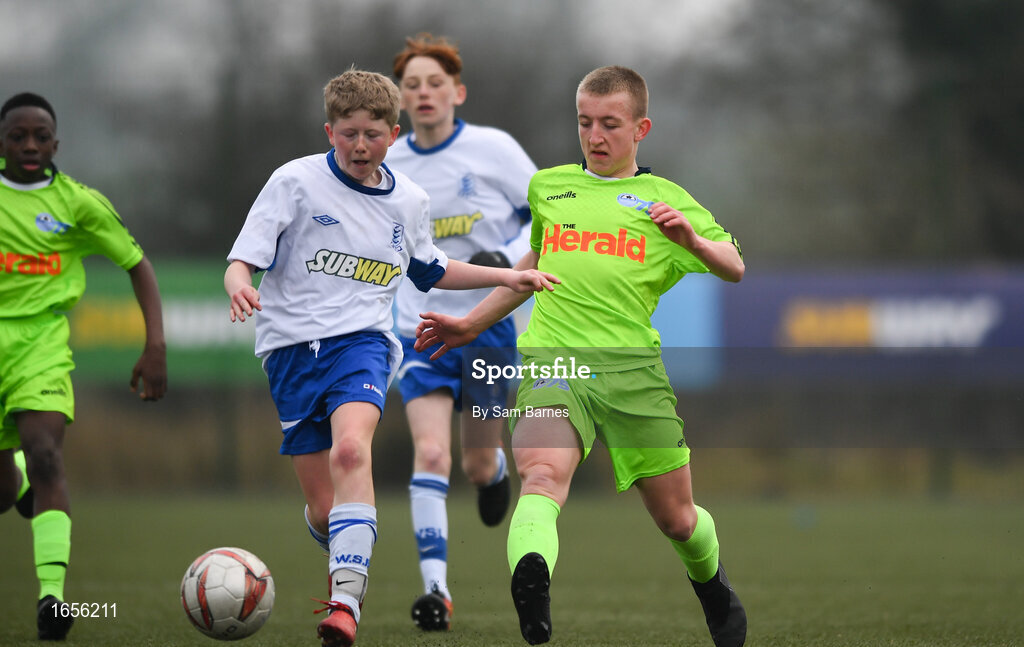 24 February 2019;  Cain Dunne of DDSL in action against Conor Fennel of Waterford SL during the U15 SFAI SUBWAY Championship Final match between DDSL and Waterford SL at Mullingar Athletic FC in Gainestown, Mullingar, Co. Westmeath. Photo by Sam Barnes/Sportsfile