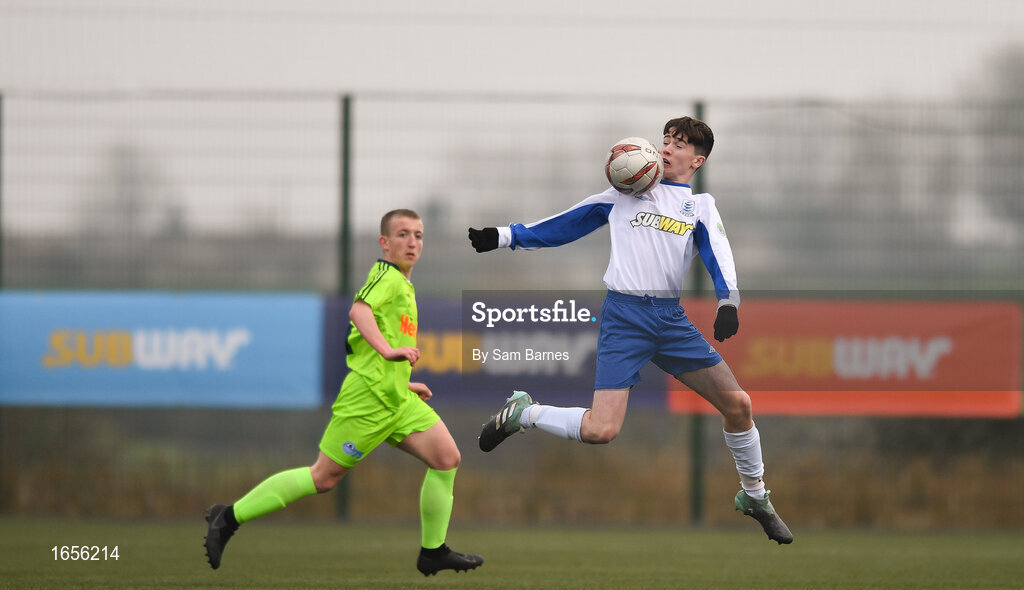 24 February 2019; Ziggy Galvin of Waterford SL in action against  Cain Dunne of DDSL during the U15 SFAI SUBWAY Championship Final match between DDSL and Waterford SL at Mullingar Athletic FC in Gainestown, Mullingar, Co. Westmeath. Photo by Sam Barnes/Sportsfile
