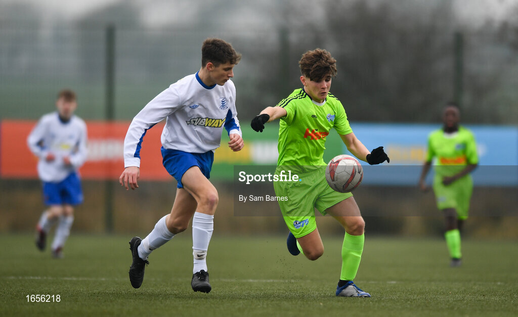 24 February 2019; Kevin Zefi of DDSL in action against Matas Grinius of Waterford SL during the U15 SFAI SUBWAY Championship Final match between DDSL and Waterford SL at Mullingar Athletic FC in Gainestown, Mullingar, Co. Westmeath. Photo by Sam Barnes/Sportsfile