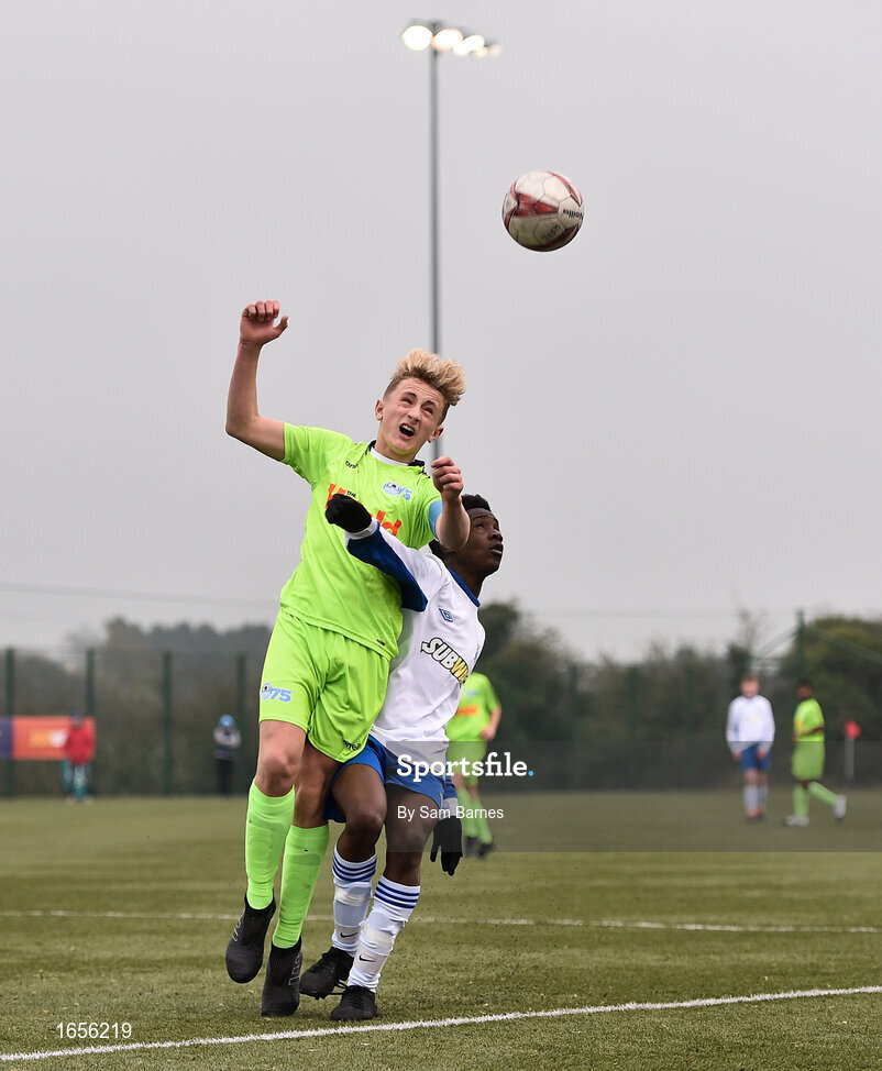 24 February 2019; Sam Curtis of DDSL in action against Mark Imron of Waterford SL during the U15 SFAI SUBWAY Championship Final match between DDSL and Waterford SL at Mullingar Athletic FC in Gainestown, Mullingar, Co. Westmeath. Photo by Sam Barnes/Sportsfile