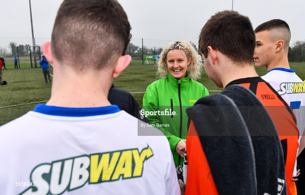 24 February 2019; Francis Adgey, Marketing Manager, Subway,meets players ahead of the U15 SFAI SUBWAY Championship Final match between DDSL and Waterford SL at Mullingar Athletic FC in Gainestown, Mullingar, Co. Westmeath. Photo by Sam Barnes/Sportsfile