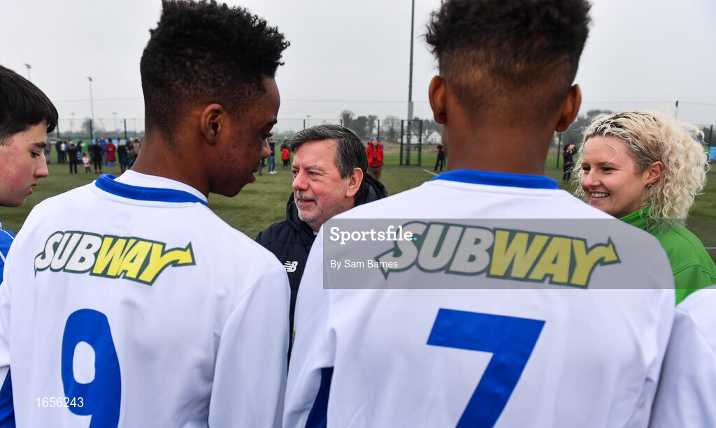 24 February 2019; FAI President Donal Conway and Francis Adgey, Marketing Manager, Subway, meet players ahead of the U15 SFAI SUBWAY Championship Final match between DDSL and Waterford SL at Mullingar Athletic FC in Gainestown, Mullingar, Co. Westmeath. Photo by Sam Barnes/Sportsfile