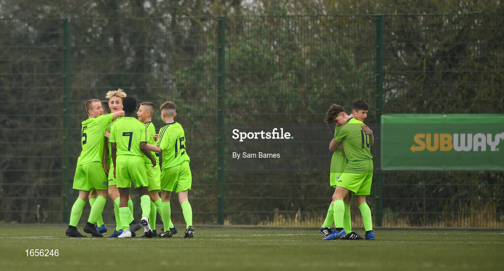 24 February 2019; DDSL players celebrate their first goal during the U15 SFAI SUBWAY Championship Final match between DDSL and Waterford SL at Mullingar Athletic FC in Gainestown, Mullingar, Co. Westmeath. Photo by Sam Barnes/Sportsfile