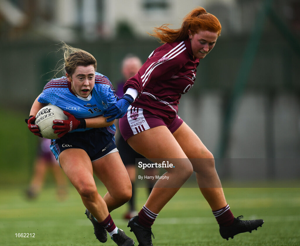 8 March 2019; Bronagh O'Rourke of NUIG in action against Aoife Dwyer of Marino during the Gourmet Food Parlour Donaghy Cup Final match between Galway Mayo Institute of Technology and Marino at TU Dublin Broombridge Sports Grounds in Dublin. Photo by Harry Murphy/Sportsfile
