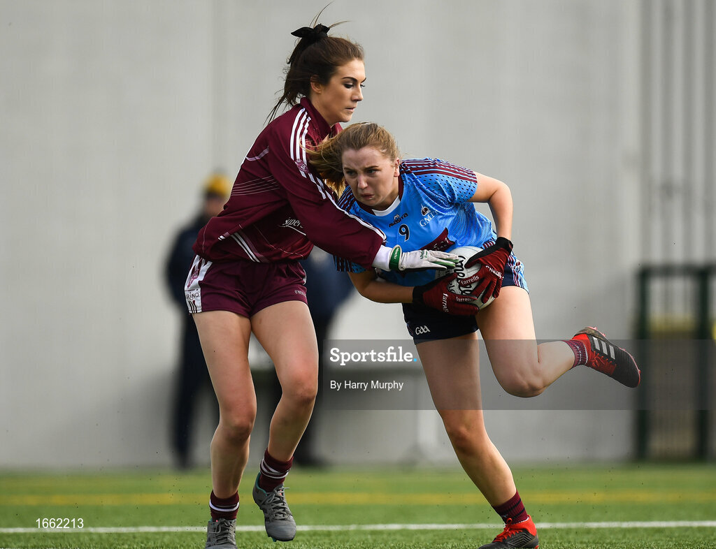 8 March 2019; Eilish O'Dowd of Marino in action against Michaela Carolan of NUIG during the Gourmet Food Parlour Donaghy Cup Final match between Galway Mayo Institute of Technology and Marino at TU Dublin Broombridge Sports Grounds in Dublin. Photo by Harry Murphy/Sportsfile