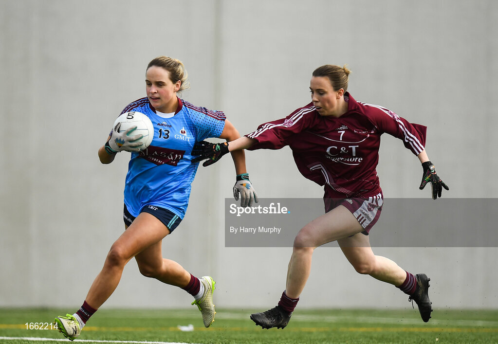 8 March 2019; Andrea Trill of NUIG in action against Orlaith Durkan of Marino during the Gourmet Food Parlour Donaghy Cup Final match between Galway Mayo Institute of Technology and Marino at TU Dublin Broombridge Sports Grounds in Dublin. Photo by Harry Murphy/Sportsfile