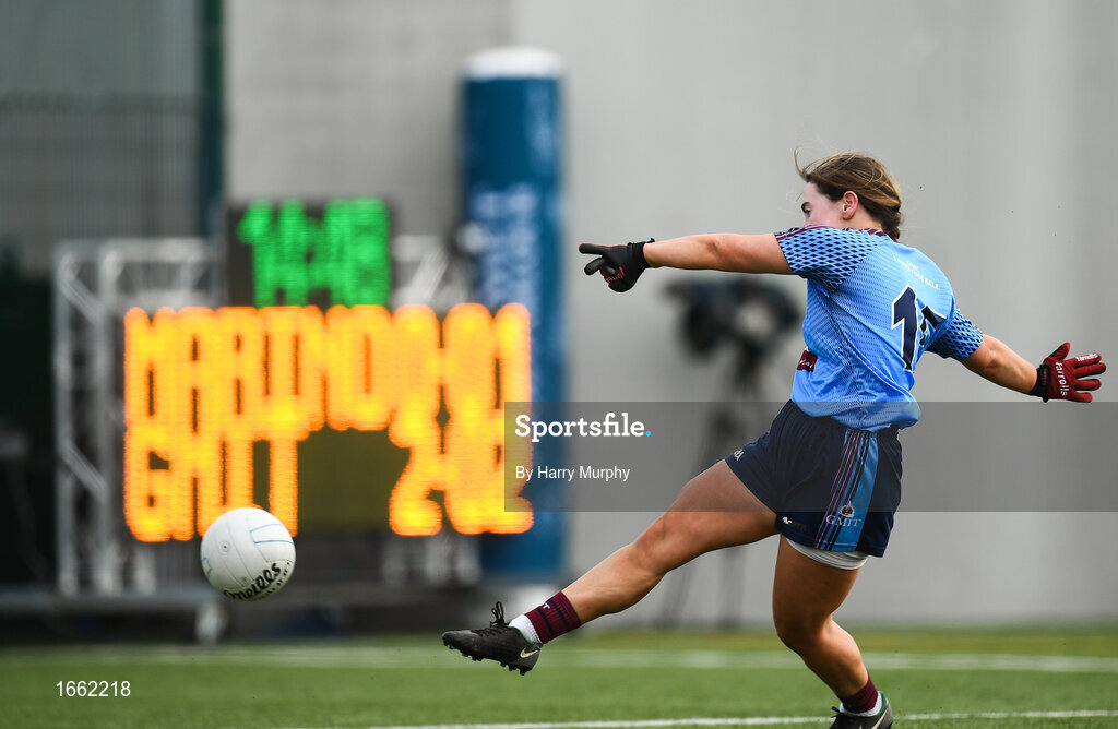 8 March 2019; Bronagh O'Rourke of NUIG scores her side's third goal during the Gourmet Food Parlour Donaghy Cup Final match between Galway Mayo Institute of Technology and Marino at TU Dublin Broombridge Sports Grounds in Dublin. Photo by Harry Murphy/Sportsfile
