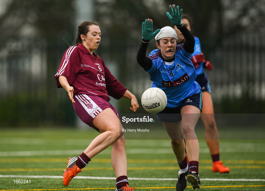 8 March 2019; Kate Fitzgibbon of Marino in action against Shauna Hynes of NUIG during the Gourmet Food Parlour Donaghy Cup Final match between Galway Mayo Institute of Technology and Marino at TU Dublin Broombridge Sports Grounds in Dublin. Photo by Harry Murphy/Sportsfile