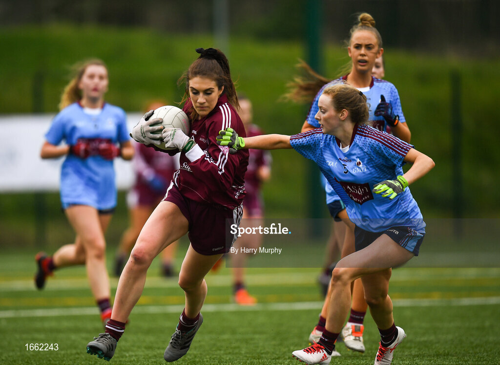 8 March 2019; Eilish O'Dowd of Marino in action against Aisling McNulty of NUIG during the Gourmet Food Parlour Donaghy Cup Final match between Galway Mayo Institute of Technology and Marino at TU Dublin Broombridge Sports Grounds in Dublin. Photo by Harry Murphy/Sportsfile