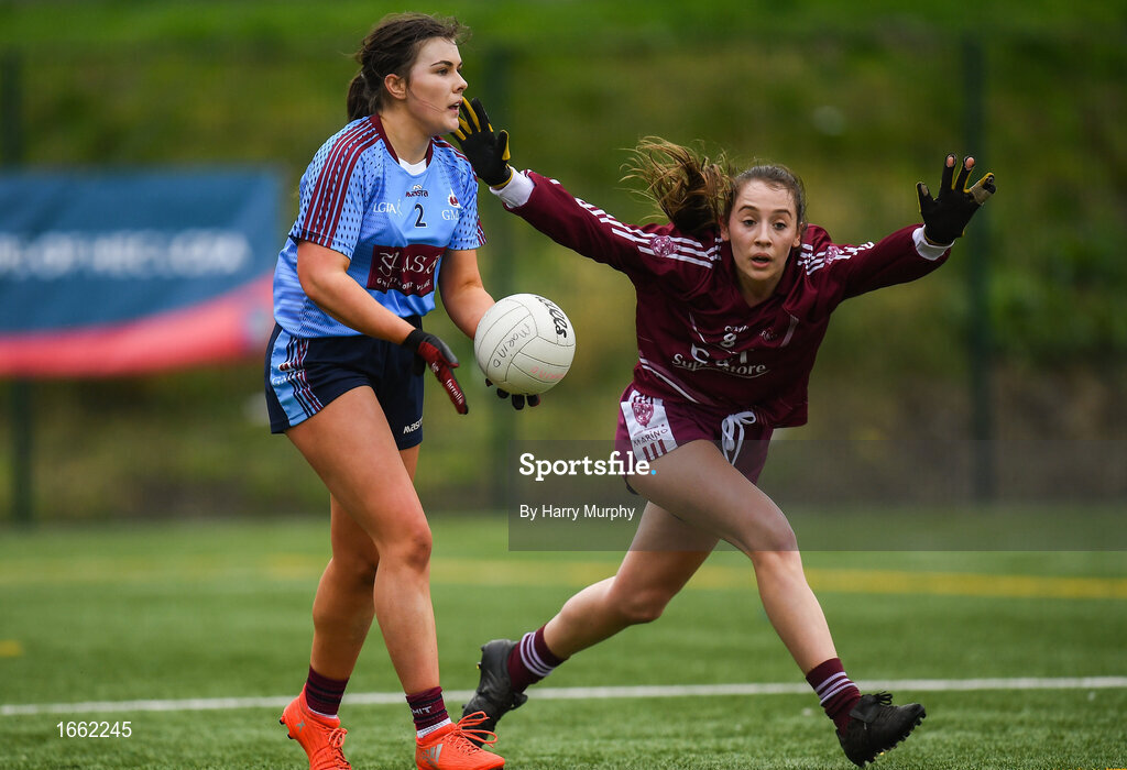 8 March 2019; Claire Fleatley of NUIG in action against Neasa Byrd of Marino during the Gourmet Food Parlour Donaghy Cup Final match between Galway Mayo Institute of Technology and Marino at TU Dublin Broombridge Sports Grounds in Dublin. Photo by Harry Murphy/Sportsfile