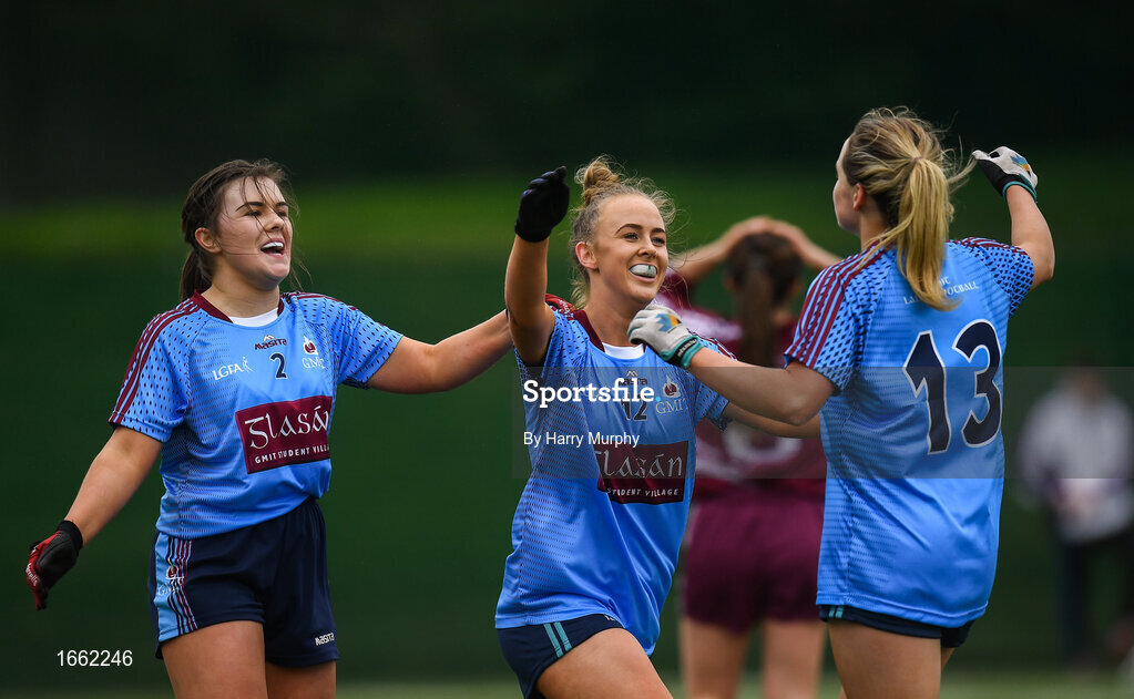 8 March 2019; Rachel Brady of NUIG, centre, celebrates at the full-time whistle with team-mates Claire Flatley, left, and Andrea Trill following the Gourmet Food Parlour Donaghy Cup Final match between Galway Mayo Institute of Technology and Marino at TU Dublin Broombridge Sports Grounds in Dublin. Photo by Harry Murphy/Sportsfile