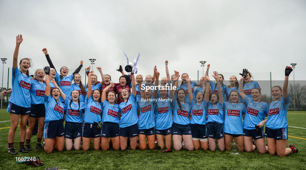 8 March 2019; NUIG players celebrate with the trophy following the Gourmet Food Parlour Donaghy Cup Final match between Galway Mayo Institute of Technology and Marino at TU Dublin Broombridge Sports Grounds in Dublin. Photo by Harry Murphy/Sportsfile