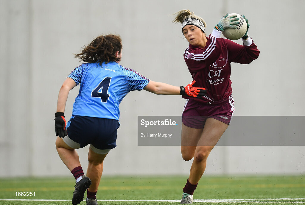 8 March 2019; Abbi O'Connor of Marino in action against Leighann O'Shea of NUIG during the Gourmet Food Parlour Donaghy Cup Final match between Galway Mayo Institute of Technology and Marino at TU Dublin Broombridge Sports Grounds in Dublin. Photo by Harry Murphy/Sportsfile