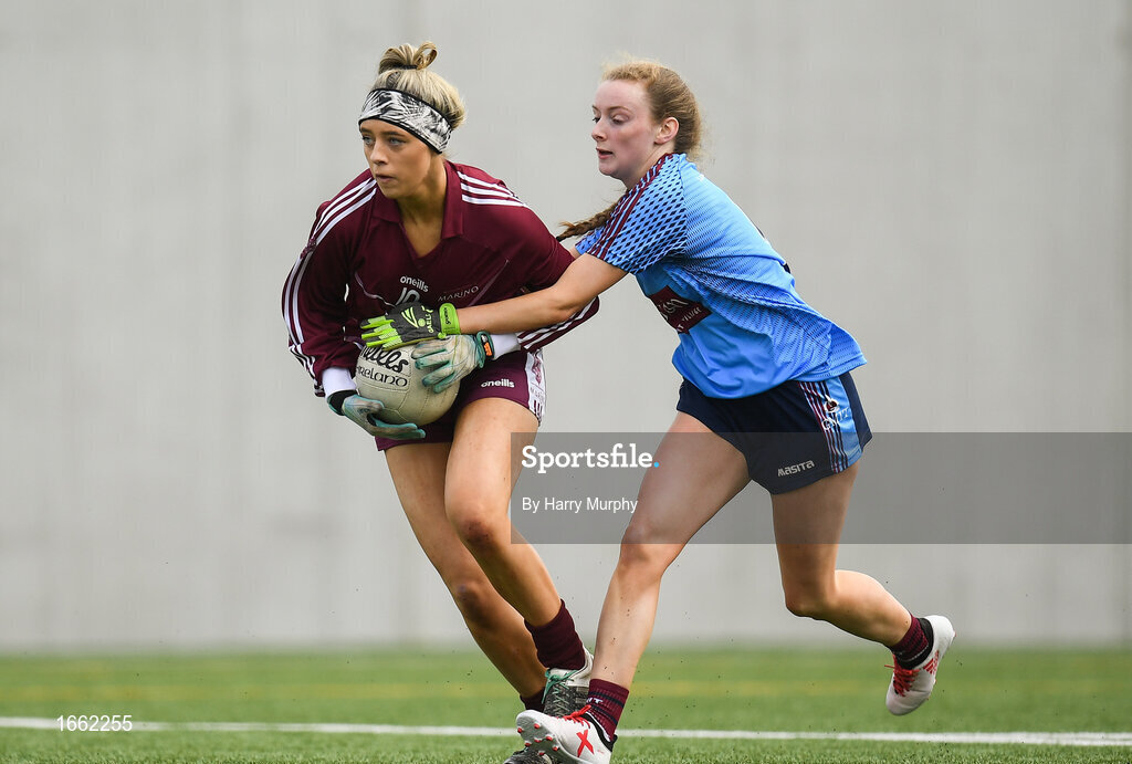 8 March 2019; Abbi O'Connor of Marino in action against Aisling McNulty of NUIG during the Gourmet Food Parlour Donaghy Cup Final match between Galway Mayo Institute of Technology and Marino at TU Dublin Broombridge Sports Grounds in Dublin. Photo by Harry Murphy/Sportsfile