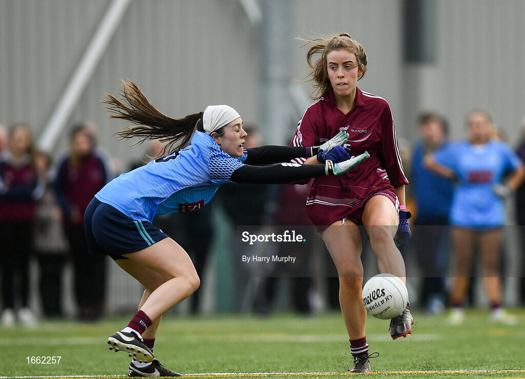 8 March 2019; Claire Kirwin of Marino in action against Shauna Hynes of NUIG during the Gourmet Food Parlour Donaghy Cup Final match between Galway Mayo Institute of Technology and Marino at TU Dublin Broombridge Sports Grounds in Dublin. Photo by Harry Murphy/Sportsfile