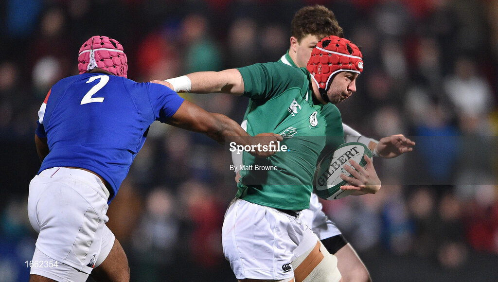 8 March 2019; John Hodnett of Ireland is tackled by Rayne Barka of France during the U20 Six Nations Rugby Championship match between Ireland and France at Irish Independent Park in Cork. Photo by Matt Browne/Sportsfile