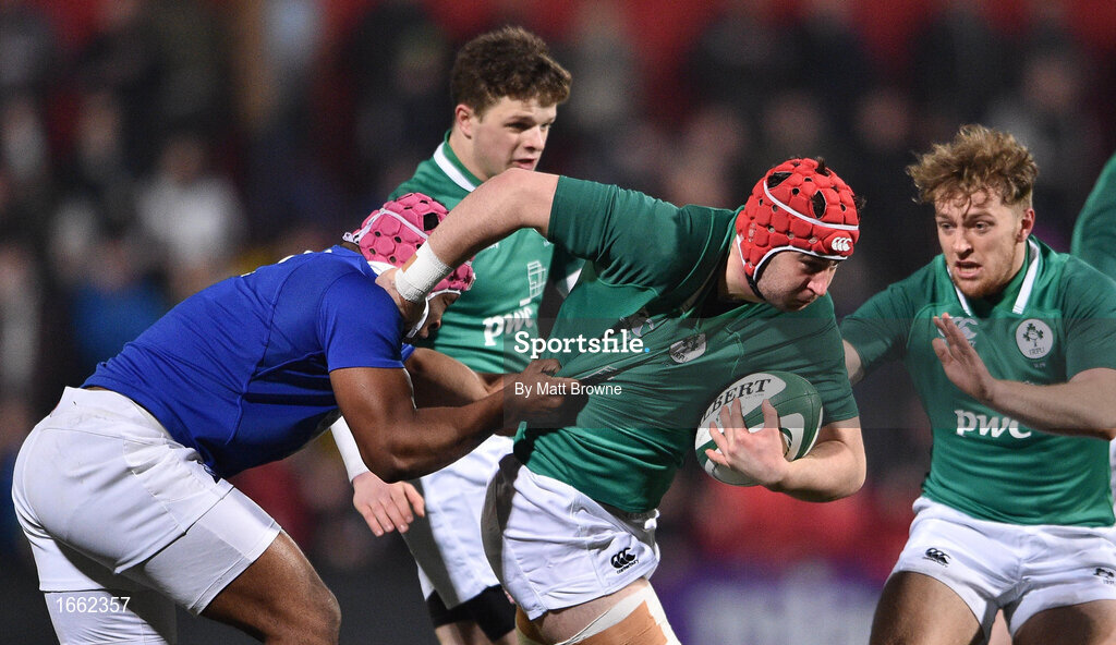 8 March 2019; John Hodnett of Ireland is tackled by Rayne Barka of France during the U20 Six Nations Rugby Championship match between Ireland and France at Irish Independent Park in Cork. Photo by Matt Browne/Sportsfile