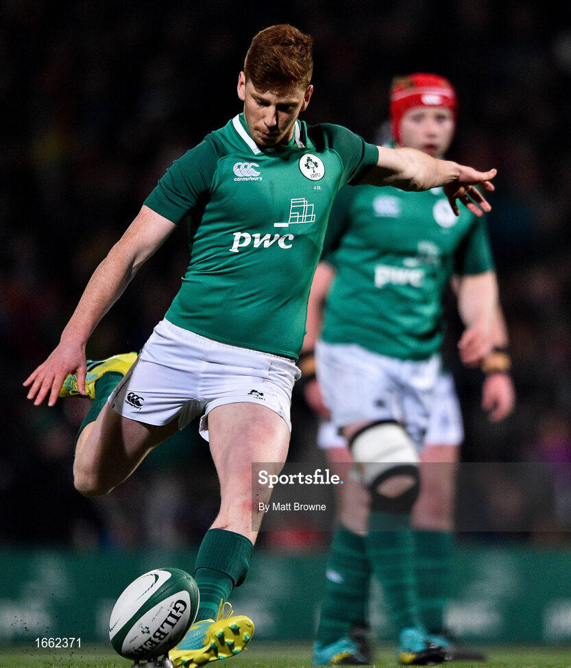 8 March 2019; Ben Healy of Ireland kicks a penalty during the U20 Six Nations Rugby Championship match between Ireland and France at Irish Independent Park in Cork. Photo by Matt Browne/Sportsfile