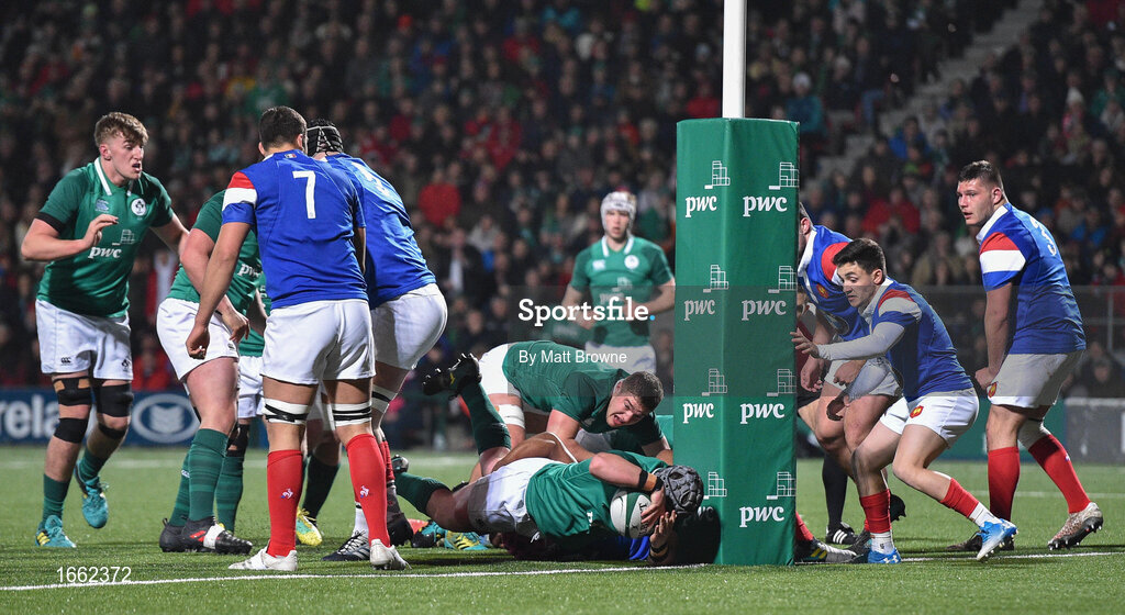 8 March 2019; Josh Wycherley of Ireland scores the first try during the U20 Six Nations Rugby Championship match between Ireland and France at Irish Independent Park in Cork. Photo by Matt Browne/Sportsfile