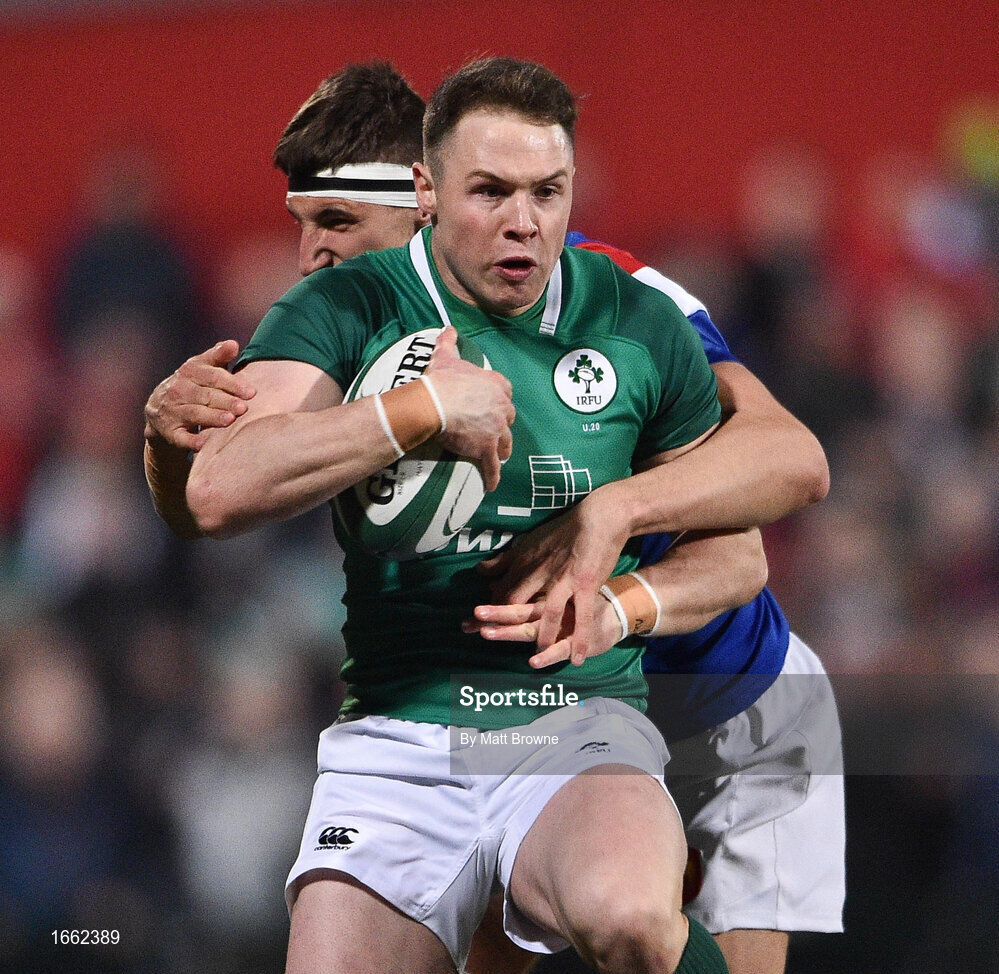 8 March 2019; Sean French of Ireland is tackled by Gautheir Maravat of France during the U20 Six Nations Rugby Championship match between Ireland and France at Irish Independent Park in Cork. Photo by Matt Browne/Sportsfile
