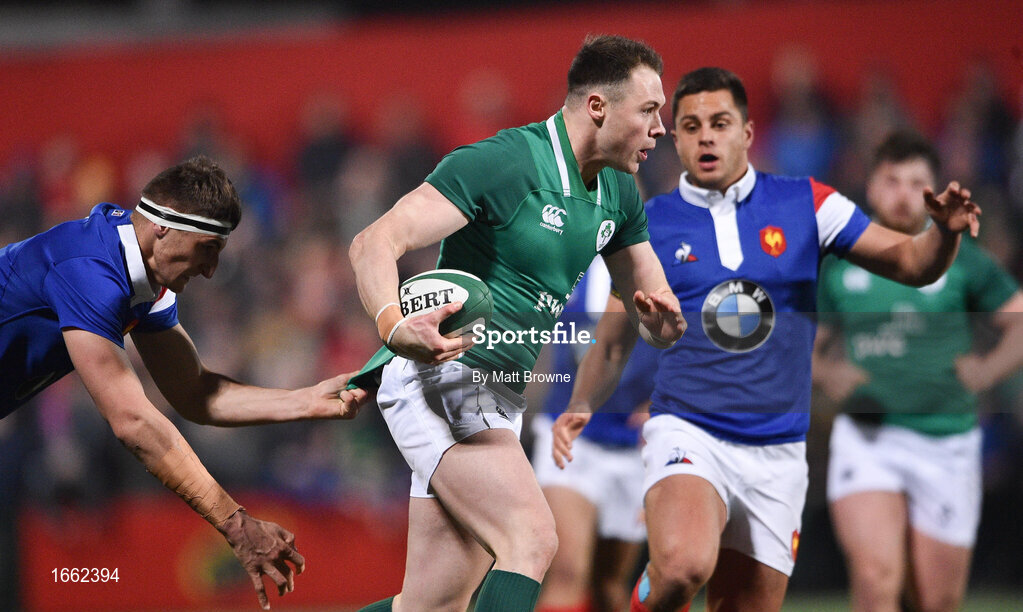 8 March 2019; Sean French of Ireland is tackled by Gautheir Maravat of France during the U20 Six Nations Rugby Championship match between Ireland and France at Irish Independent Park in Cork. Photo by Matt Browne/Sportsfile