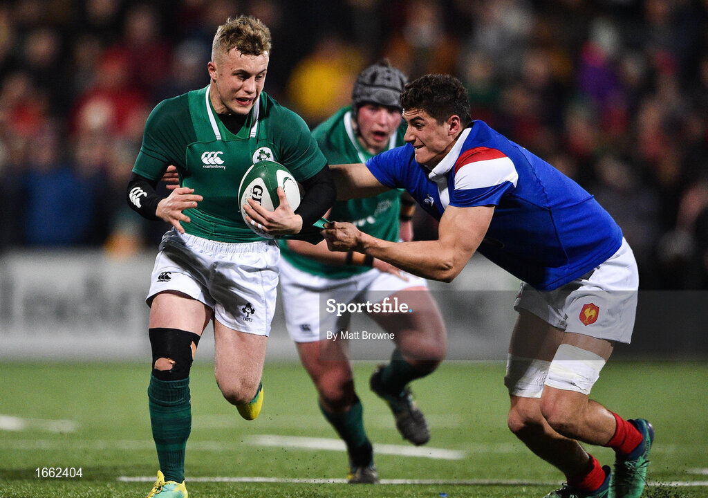 8 March 2019; Craig Casey of Ireland is tackled by Paul Boudehent of France during the U20 Six Nations Rugby Championship match between Ireland and France at Irish Independent Park in Cork. Photo by Matt Browne/Sportsfile