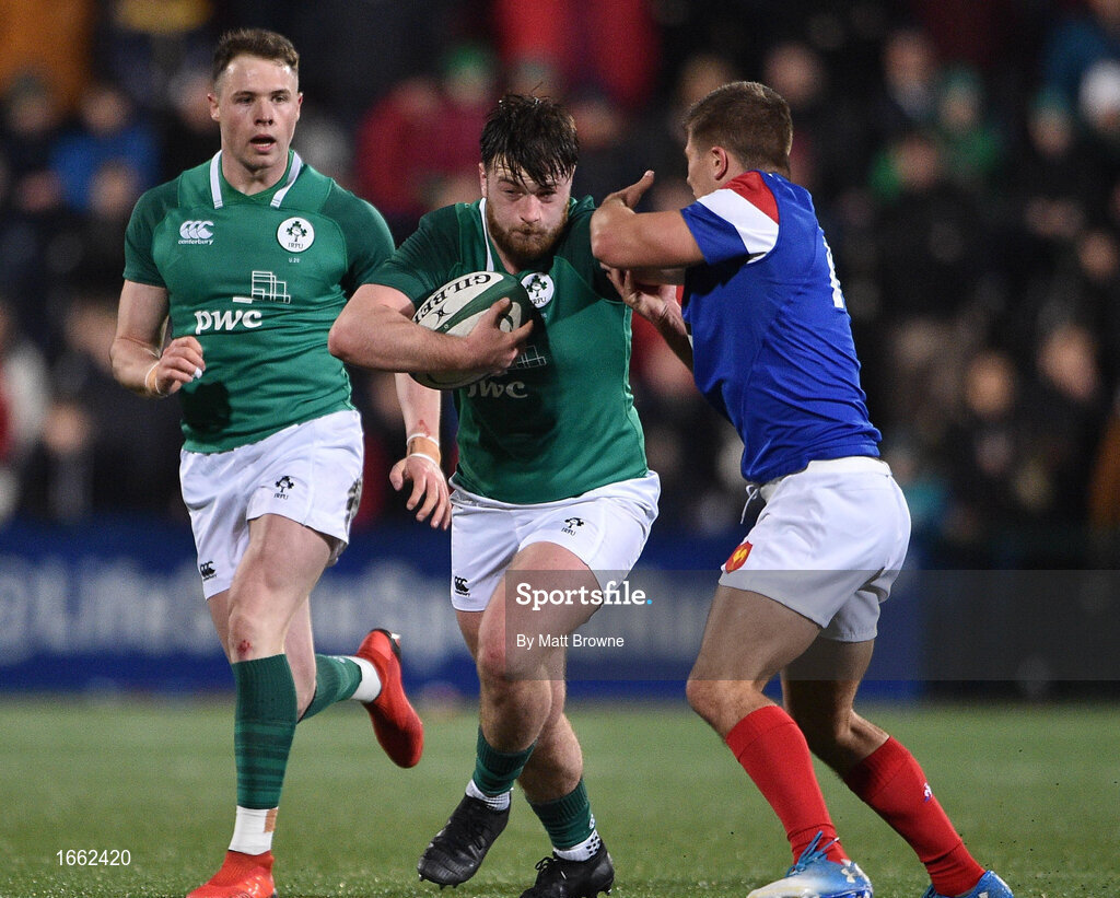 8 March 2019; Dylan Tierney-Martin of Ireland is tackled by Louis Carbonel of France during the U20 Six Nations Rugby Championship match between Ireland and France at Irish Independent Park in Cork. Photo by Matt Browne/Sportsfile