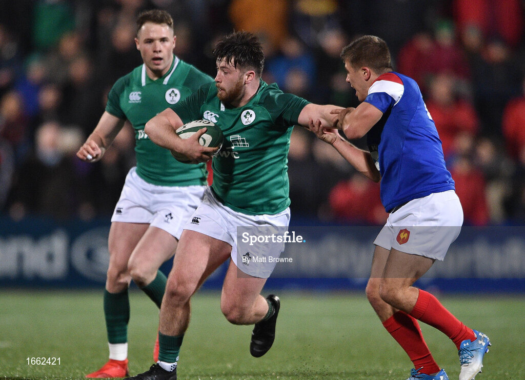 8 March 2019; Dylan Tierney-Martin of Ireland is tackled by Louis Carbonel of France during the U20 Six Nations Rugby Championship match between Ireland and France at Irish Independent Park in Cork. Photo by Matt Browne/Sportsfile
