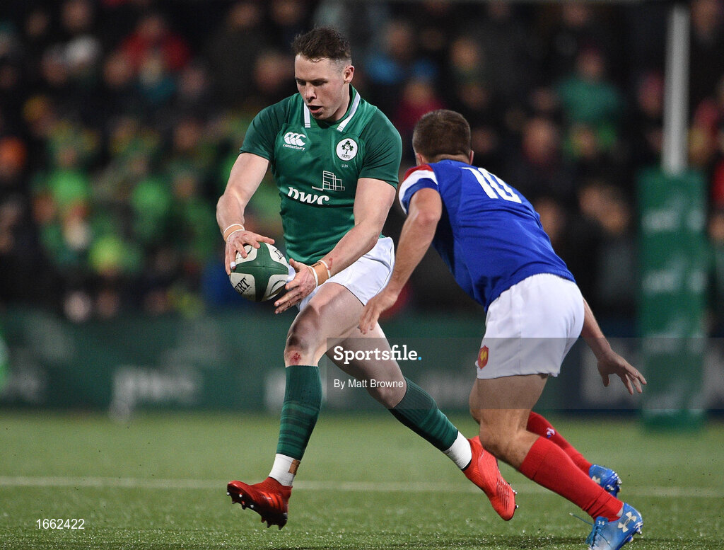 8 March 2019; Sean French of Ireland in action against Louis Carbonel of France during the U20 Six Nations Rugby Championship match between Ireland and France at Irish Independent Park in Cork. Photo by Matt Browne/Sportsfile