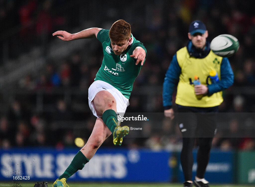 8 March 2019; Ben Healy of Ireland kicks a conversion during the U20 Six Nations Rugby Championship match between Ireland and France at Irish Independent Park in Cork. Photo by Matt Browne/Sportsfile