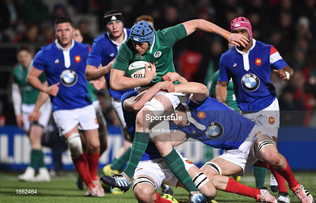 8 March 2019; Ryan Baird of Ireland is tackled by Gautheir Maravat and Maxence Lemardelet of France during the U20 Six Nations Rugby Championship match between Ireland and France at Irish Independent Park in Cork. Photo by Matt Browne/Sportsfile
