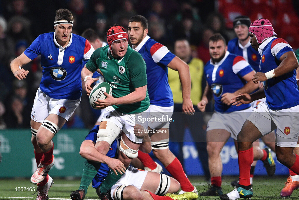 8 March 2019; John Hodnett of Ireland is tackled by Maxence Lemardelet of France during the U20 Six Nations Rugby Championship match between Ireland and France at Irish Independent Park in Cork. Photo by Matt Browne/Sportsfile