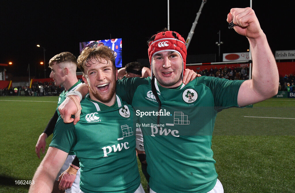 8 March 2019; Liam Turner, left, and John Hodnett of Ireland celebrate after the U20 Six Nations Rugby Championship match between Ireland and France at Irish Independent Park in Cork. Photo by Matt Browne/Sportsfile