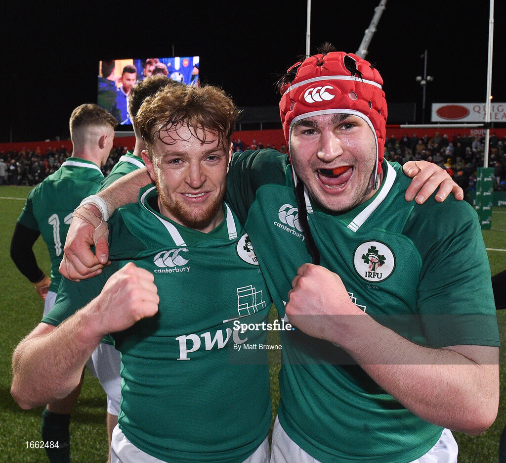 8 March 2019; Liam Turner, left, and John Hodnett of Ireland celebrate after the U20 Six Nations Rugby Championship match between Ireland and France at Irish Independent Park in Cork. Photo by Matt Browne/Sportsfile
