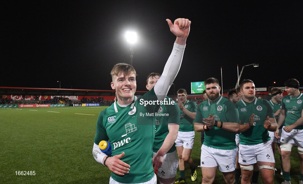 8 March 2019; Jake Flannery of Ireland celebrates after the U20 Six Nations Rugby Championship match between Ireland and France at Irish Independent Park in Cork. Photo by Matt Browne/Sportsfile