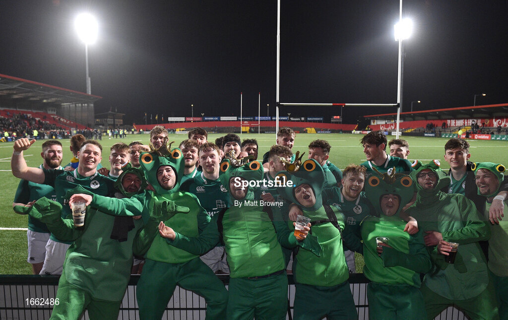 8 March 2019; Ireland players and supporters celebrate after the U20 Six Nations Rugby Championship match between Ireland and France at Irish Independent Park in Cork. Photo by Matt Browne/Sportsfile
