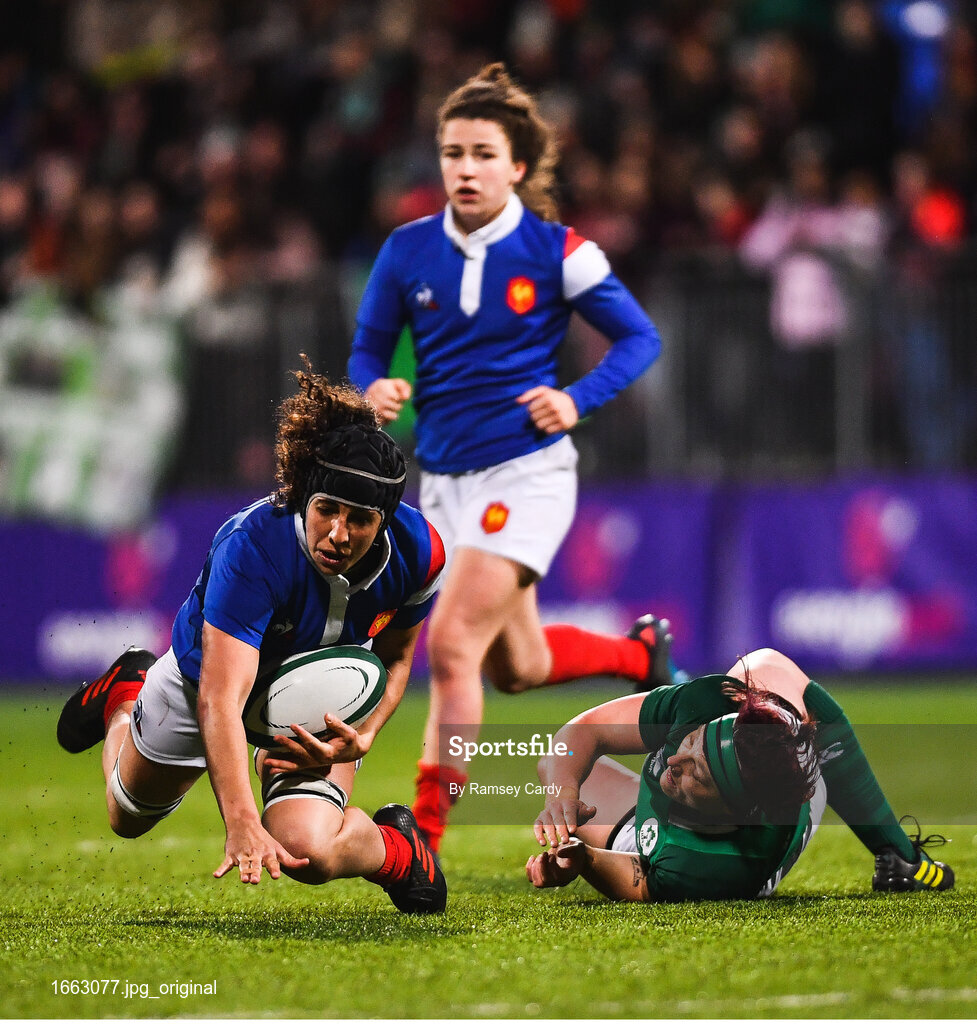 9 March 2019; Celine Ferer of France in action against Aoife McDermott of Ireland during the Women's Six Nations Rugby Championship match between Ireland and France at Energia Park in Donnybrook, Dublin. Photo by Ramsey Cardy/Sportsfile