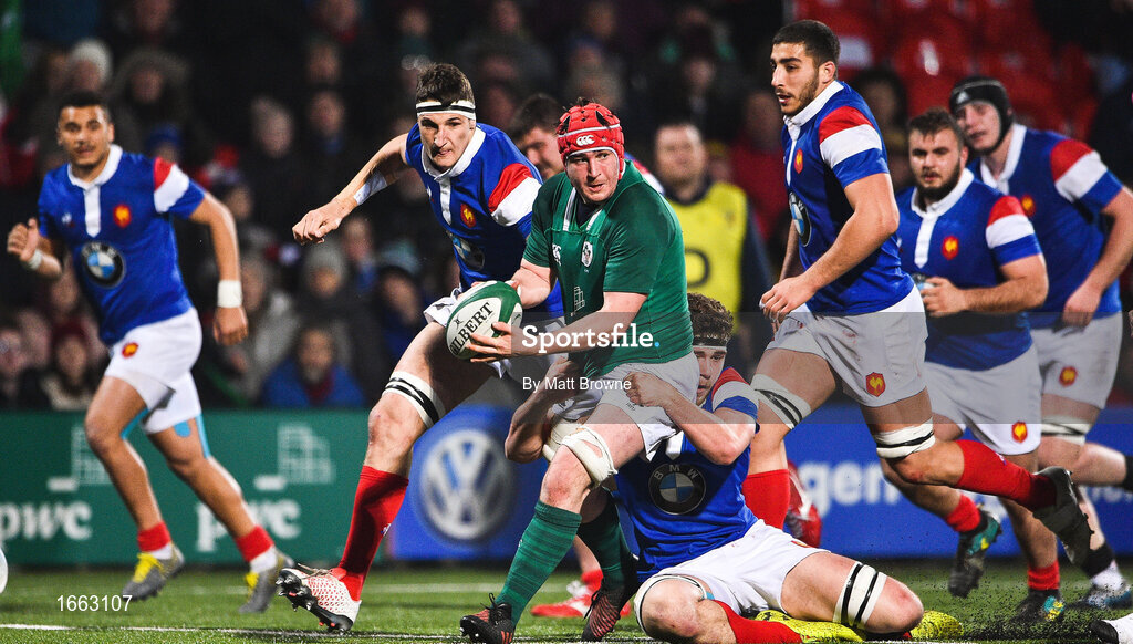 8 March 2019; John Hodnett of Ireland is tackled by Maxence Lemardelet of France during the U20 Six Nations Rugby Championship match between Ireland and France at Irish Independent Park in Cork. Photo by Matt Browne/Sportsfile