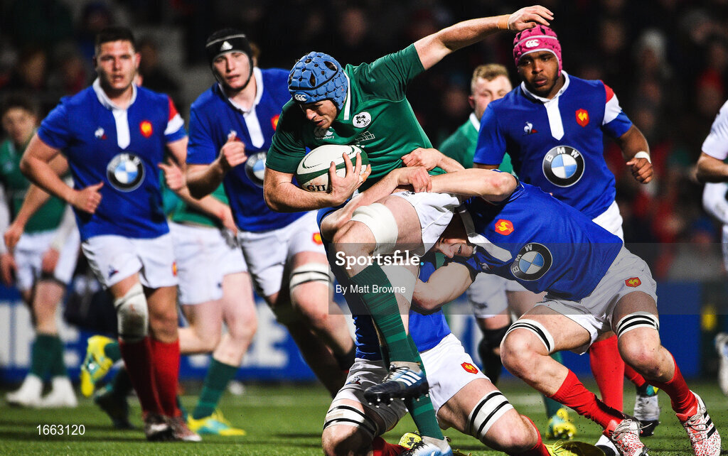 8 March 2019; Ryan Baird of Ireland is tackled by Gautheir Maravat and Maxence Lemardelet of France during the U20 Six Nations Rugby Championship match between Ireland and France at Irish Independent Park in Cork. Photo by Matt Browne/Sportsfile