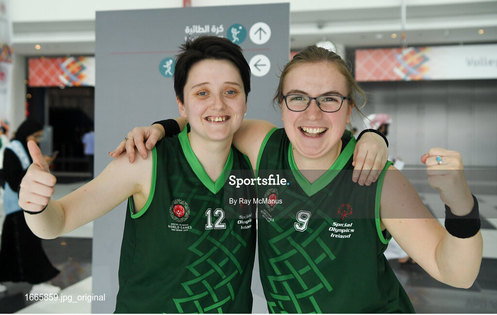 15 March 2019;Team Ireland's Shauna Stewart, left, a member of Athlone SOC, from Athlone, Co. Westmeath, and Team Ireland's Emma Johnstone, a member of the Cabra Lions Special Olympics Club, from Dublin 11, Co. Dublin, after their Basketball game on Day One of the 2019 Special Olympics World Games in the Abu Dhabi National Exhibition Centre, Abu Dhabi, United Arab Emirates. Photo by Ray McManus/Sportsfile