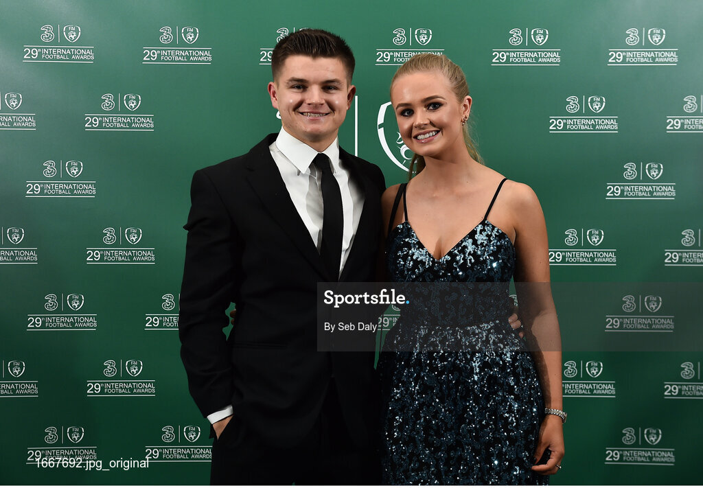 17 March 2019; Daire O'Connor of Cork City Catriona Campbell and Catriona Campbell arrive prior to the Three FAI International Awards at RTE Studios in Donnybrook, Dublin. Photo by Seb Daly/Sportsfile