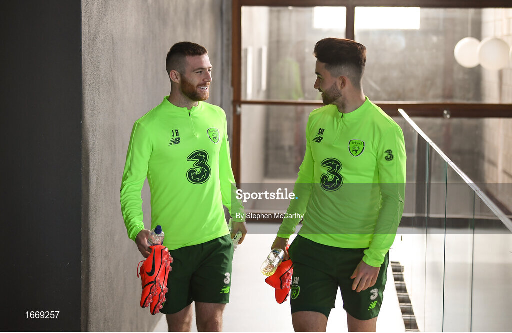 20 March 2019; Jack Byrne, left, and Sean Maguire arrive for a Republic of Ireland press conference at the FAI National Training Centre in Abbotstown, Dublin. Photo by Stephen McCarthy/Sportsfile