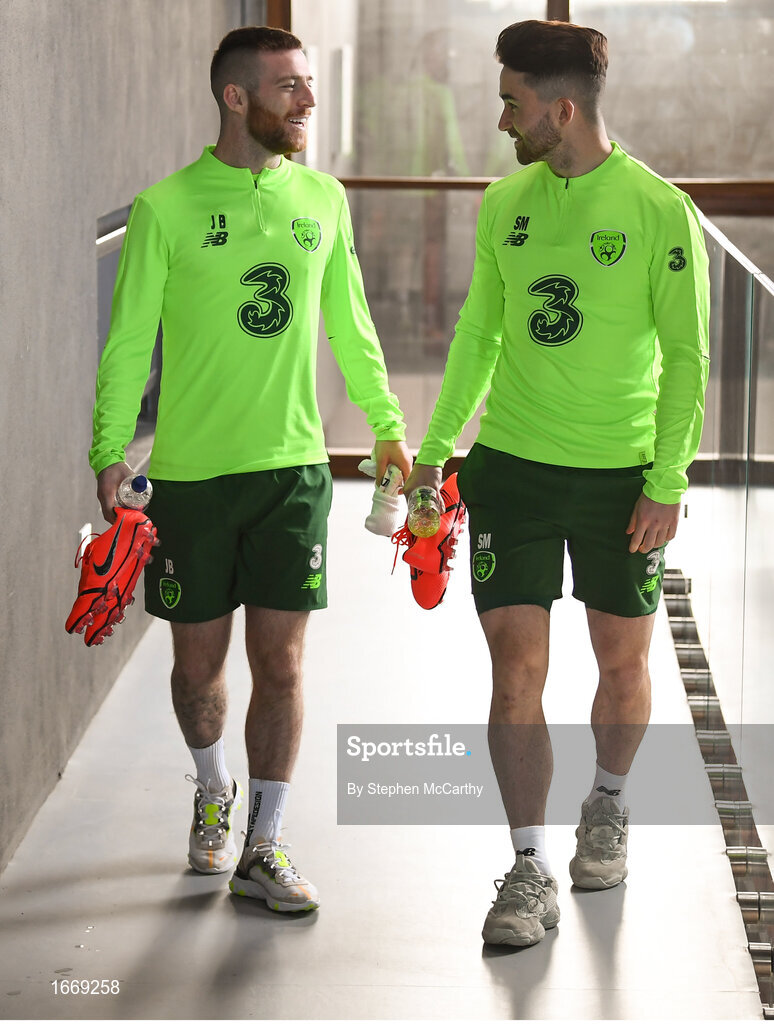 20 March 2019; Jack Byrne, left, and Sean Maguire arrive for a Republic of Ireland press conference at the FAI National Training Centre in Abbotstown, Dublin. Photo by Stephen McCarthy/Sportsfile