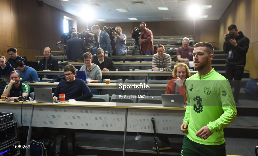 20 March 2019; Jack Byrne after greeting the media arrives for a Republic of Ireland press conference at the FAI National Training Centre in Abbotstown, Dublin. Photo by Stephen McCarthy/Sportsfile